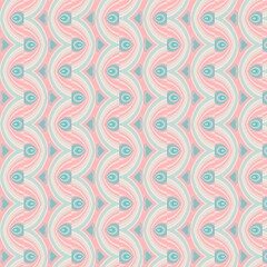A charming abstract pattern in pastel pink and teal, featuring interlocking wavy stripes and stylized eye motifs, creating a fluid and ornate vertical design