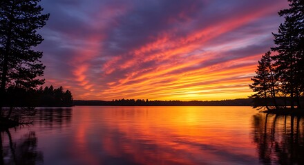 Vibrant sunset over calm water with colorful sky and silhouetted trees