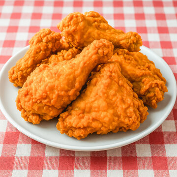 Golden fried chicken pieces served on a white plate atop a red and white checkered tablecloth, perfect for a casual meal setting.