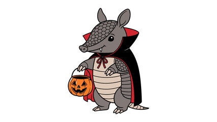 Halloween Armadillo: A whimsical armadillo dons a spooky costume, carrying a carved pumpkin bucket. This playful illustration captures the spirit of Halloween.