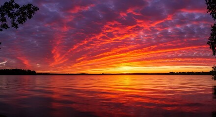 Vibrant sunset over calm water with colorful sky reflections