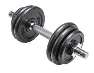 A black dumbbell with weight plates is centered, isolated on a transparent backdrop