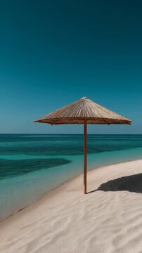 Minimalist beach with straw parasol, pristine sand, calm turquoise sea, deep blue sky, modern serene vibe