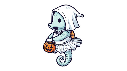 Sea Horse Halloween: This image features a unique sea horse character dressed in a Halloween costume with a pumpkin bucket in its hand. The design captures a charming moment. 