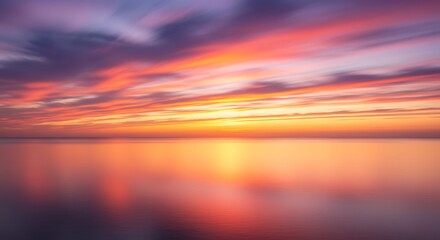 Vibrant sunset over calm water with colorful sky reflections