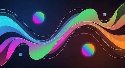 A vibrant abstract background featuring a dynamic wave of rainbow colors, with glowing spheres adding depth and a sense of movement, creating a visually stunning and modern design element