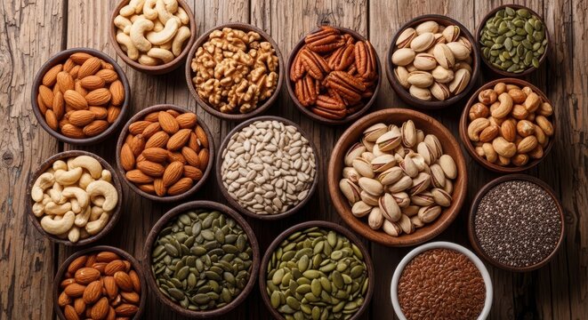 Assortment of various legumes and nuts displayed in rustic bowls on a wooden surface for healthy eating and cooking.