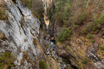 Waldbachstrub Waterfall near Hallstatt, Austria, flowing through a narrow alpine gorge