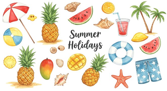 Summer holidays watercolor illustration with fruits umbrella and beach elements