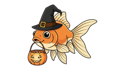 Goldfish Halloween: A whimsical illustration depicts a goldfish, donning a pointed witch's hat and carrying a jack-o'-lantern treat basket, capturing the essence of Halloween spirit.