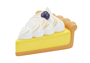 Isolated slice of lemon meringue pie with a fresh blueberry on top, a tasty dessert