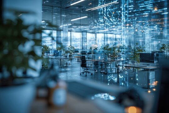 A modern, open-plan office space with glass walls, desks, and city reflections - Powered by Adobe