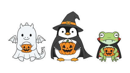 Fototapeta premium Halloween Costumes: Three enchanting characters in adorable Halloween costumes, a whimsical celebration of the spooky season, each cradling a glowing jack-o'-lantern against a seamless backdrop. 