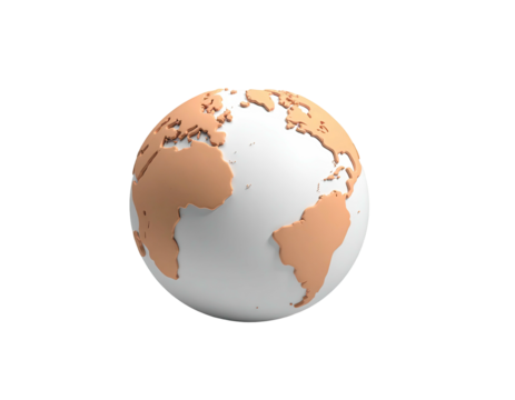A 3D rendered globe, continents orange, oceans white, on a black background