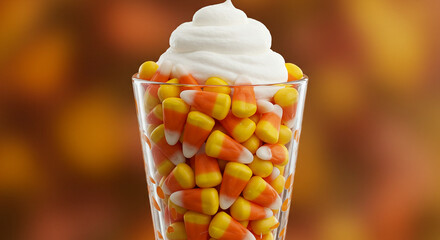 Candy corn parfait layered in a glass with whipped cream