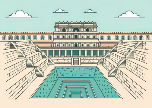 Flat linework illustration of Rani ki Vav stepwell, geometric symmetry, pastel turquoise and beige