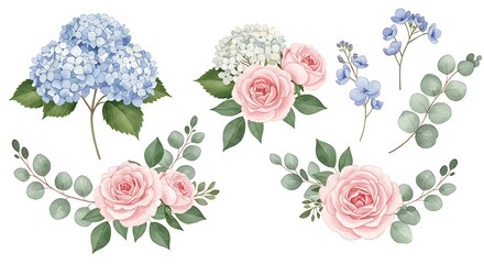 Watercolor floral arrangements of roses hydrangeas and greenery on white background