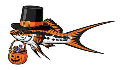 Fish Halloween Fun: An eye-catching illustration showcases a fish dressed for Halloween. It wears a witch hat and carries a pumpkin-shaped treat basket, all set against a clean, festive atmosphere.