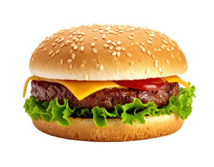 Delicious burger on a sesame seed bun, featuring cheese, tomato, & lettuce