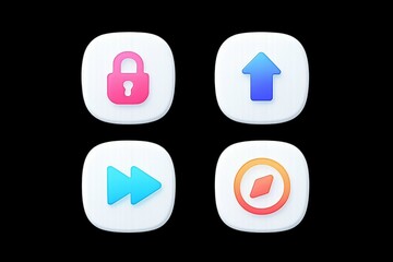 Four rounded square icons with colorful symbols for security upload fast forward and navigation on a black background