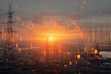 Dramatic cityscape at dusk, showing power lines and glowing financial chart elements