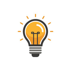 Yellow Light Bulb Icon with Orange Rays and Gray Base on White Background idea innovation