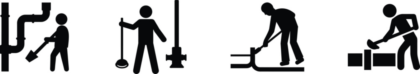 Silhouette of worker cleaning blocked pipes and drains with tools vector