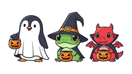 Whimsical Halloween Trio: A charming collection of adorable animal characters in festive Halloween costumes, each clutching a glowing pumpkin bucket for candy.
