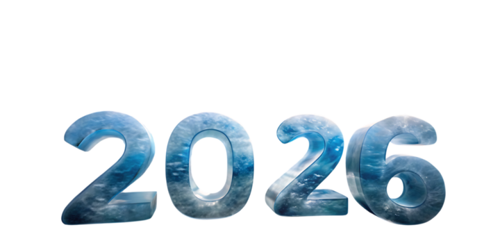 2026 numbers made of translucent blue ice with cloudy texture inside year digits cutout png AI isolated on a transparent background