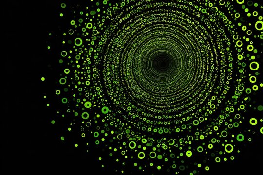 An abstract, tunnel-like illustration of green circles and dots against a black backdrop