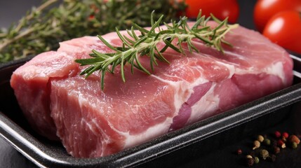 Fototapeta premium Fresh pork meat is displayed on a black tray garnished with green rosemary. This ingredient is accompanied by ripe tomatoes and colorful spices ideal for meal preparation.