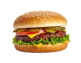 Close-up of a fully-loaded, juicy burger with sesame bun against black background