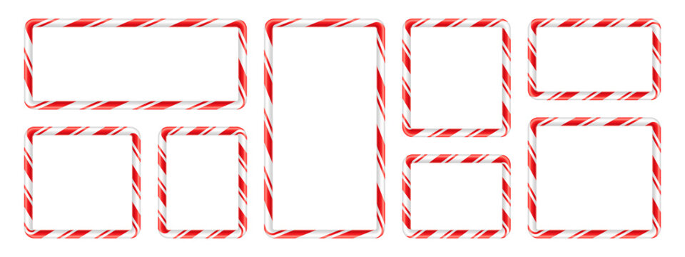 Rectangular and square realistic, glossy candy cane stripe pattern frames
