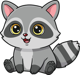 Adorable cartoon raccoon illustration, cute baby forest animal, happy wildlife character, funny pet mascot drawing, gray raccoon sitting, children art design