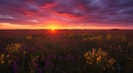Vibrant sunset over field landscape with colorful sky and wildflowers