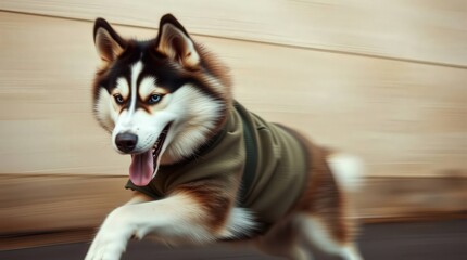 Adorable husky running happily in stylish dog clothes