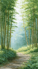 Fototapeta premium Explore the Tranquil Beauty of Bamboo Forests: A Serene Pathway Through Nature's Lush Green Landscape, Ideal for Reflection and Rejuvenation