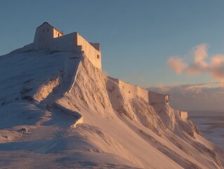 Ancient Fortress on Snowy Cliffside Du Sunset with Pink and Blue Sky and Calm Ocean in the Background