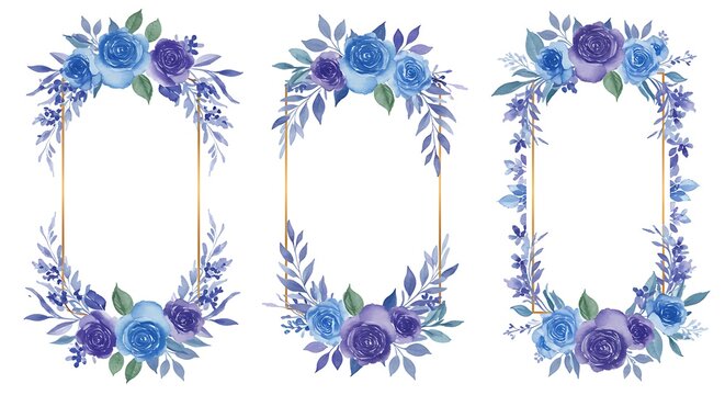 Watercolor floral frames with blue and purple roses for design elements