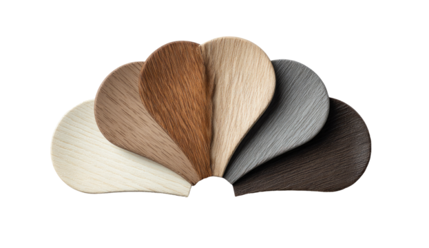 Wood veneer color swatches in a fan-like arrangement