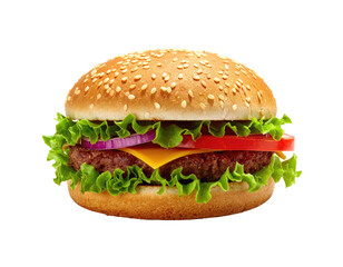 Delicious burger with sesame bun, lettuce, tomato, onion, cheese, and beef