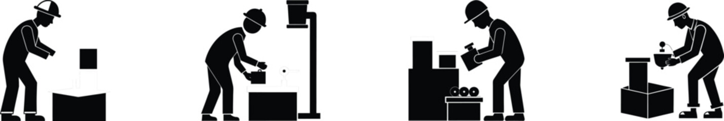 Worker silhouettes loading pipe fittings into boxes set industrial warehouse scene vector