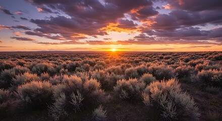 Vibrant sunset over field of bushes with colorful cloudy sky landscape