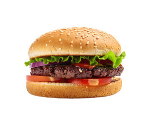 Delicious hamburger on a plain background, with ingredients visible