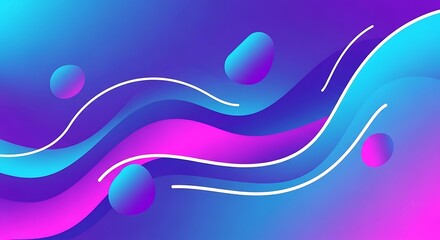 A vibrant and dynamic abstract background featuring flowing waves of color, transitioning from cool blues and purples to warm pinks, creating a sense of movement and energy with floating spheres