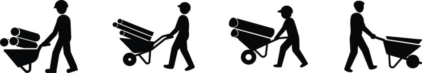 Worker silhouette pushing wheelbarrow loaded with pipes construction site scene vector