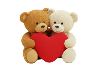 Isolated Teddy Bears Holding a Heart Shaped Pillow, Cute Couple, Valentine Romance Symbol