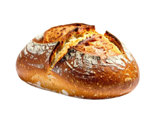 Crusty sourdough bread loaf with scored top, isolated against a black background