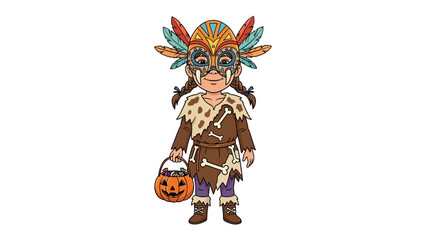 Halloween Costume: A young child stands in a vibrant costume, ready for a fun-filled evening of trick-or-treating. The focus is on the elaborate mask and traditional outfit.