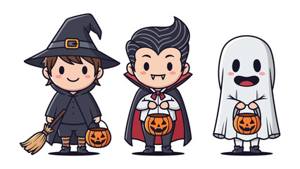 Spooky Characters: A captivating cartoon depiction of Halloween characters ready for trick-or-treating, including a witch, a vampire, and a ghost.